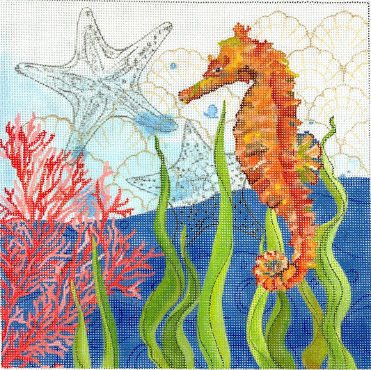 Kate Dickerson Needlepoint Collections Sally Eckman Roberts - Oceana Seahorse with Coral, Seaweed, Shells & Starfish Needlepoint Canvas