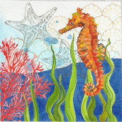 Kate Dickerson Needlepoint Collections Sally Eckman Roberts - Oceana Seahorse with Coral, Seaweed, Shells & Starfish Needlepoint Canvas