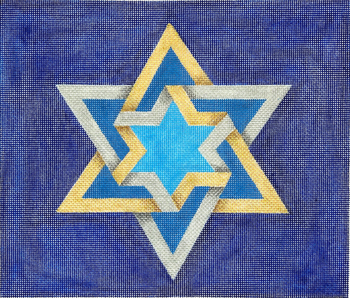 Kate Dickerson Needlepoint Collections Tallis Bag Double Interlocking Star Of David Golds and Silvers on Deep Blue Needlepoint Canvas