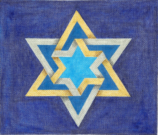 Kate Dickerson Needlepoint Collections Tallis Bag Double Interlocking Star Of David Golds and Silvers on Deep Blue Needlepoint Canvas