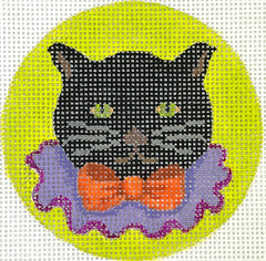 Kate Dickerson Needlepoint Collections Halloween Mini - Black Cat with Orange Bow Tie & Purple Ruff on Acid Green Background Needlepoint Canvas