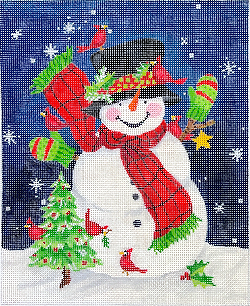Kate Dickerson Needlepoint Collections Sally Eckman Roberts Snowman with Green Mittens and Cardinals Needlepoint Canvas