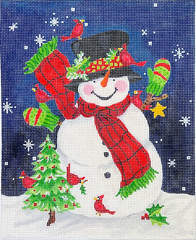 Kate Dickerson Needlepoint Collections Sally Eckman Roberts Snowman with Green Mittens and Cardinals Needlepoint Canvas