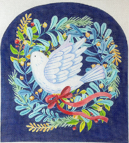 Kate Dickerson Needlepoint Collections Jane Maday Dove with Winter Greenery and Ribbon on Night Sky Needlepoint Canvas