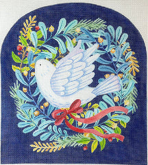 Kate Dickerson Needlepoint Collections Jane Maday Dove with Winter Greenery and Ribbon on Night Sky Needlepoint Canvas