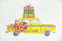 Kate Dickerson Needlepoint Collections Lindsay Brackeen - New York Yellow Cab with Flowers & Suitcases Needlepoint Canvas