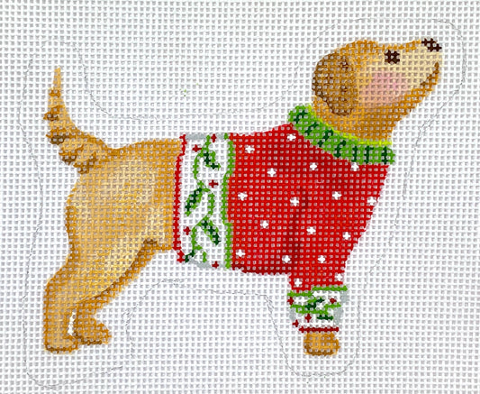 Kate Dickerson Needlepoint Collections Sally Eckman Roberts - Yellow Dog In Red Sweater - Yellow Ochres, Greens & Reds Needlepoint Canvas
