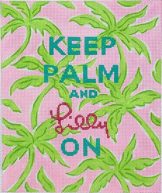 Kate Dickerson Needlepoint Collections “Keep Palm & Lilly On” - Palm Trees - Turquoise, Hot Pink & Limes on Light Pink Needlepoint Canvas