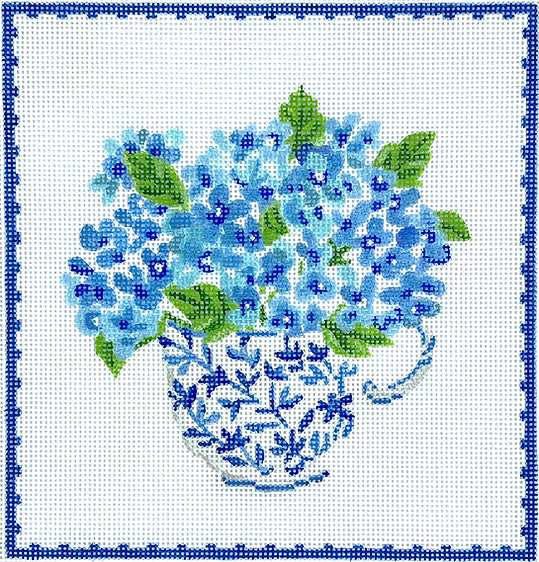 Kate Dickerson Needlepoint Collections Lindsay Brackeen - Single Blue & White Teacup with Hydrangeas Needlepoint Canvas