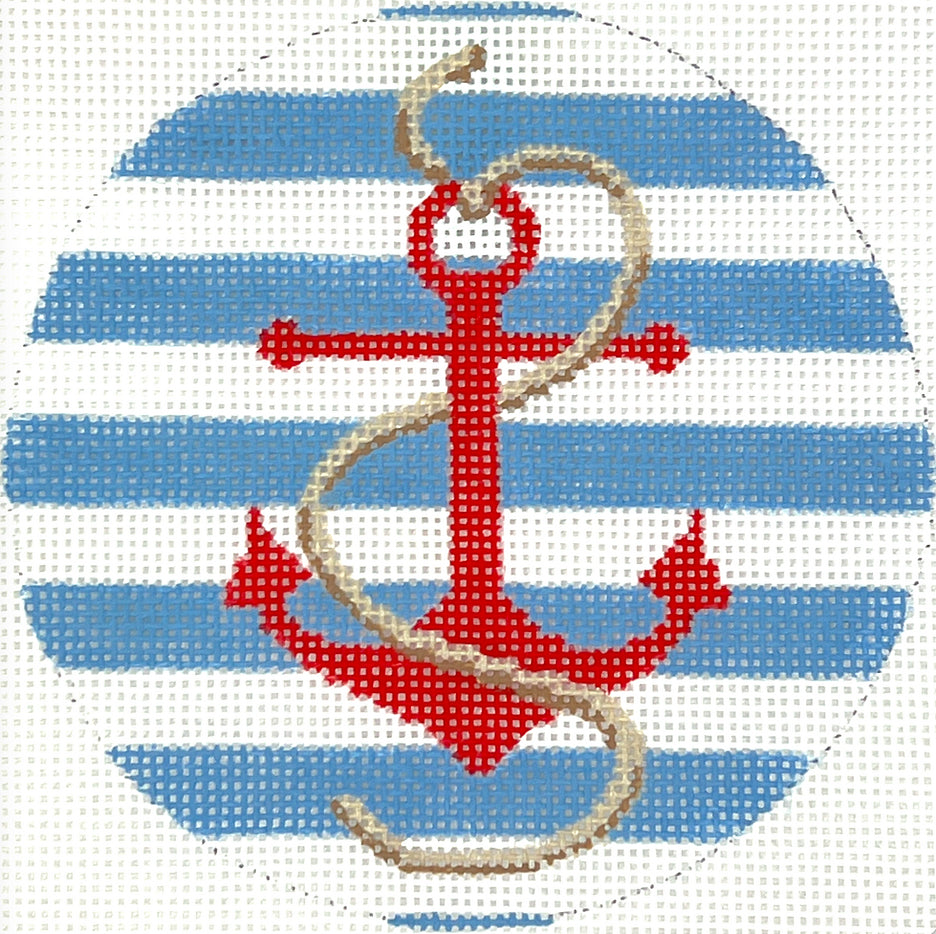 Kate Dickerson Needlepoint Collections 4” Round - Red Anchor with Rope on Blue Stripes Needlepoint Canvas