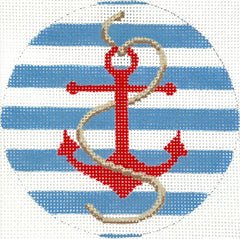 Kate Dickerson Needlepoint Collections 4” Round - Red Anchor with Rope on Blue Stripes Needlepoint Canvas