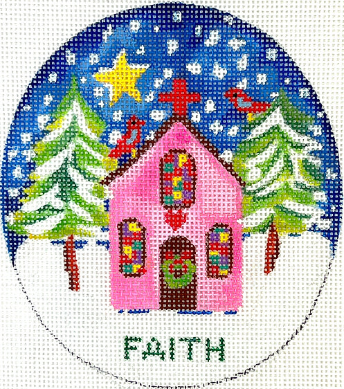 Kate Dickerson Needlepoint Collections “Faith” Pink Church with Red Bird, Trees & Star Needlepoint Canvas