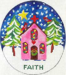 Kate Dickerson Needlepoint Collections “Faith” Pink Church with Red Bird, Trees & Star Needlepoint Canvas