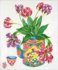 Kate Dickerson Needlepoint Collections Gabby Malpas - Tulips In A Peranakan Teapot with Cup Needlepoint Canvas