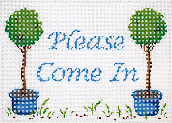 Kate Dickerson Needlepoint Collections Please Come In Topiaries In Blue Pots with Blue Lettering on White Needlepoint Canvas