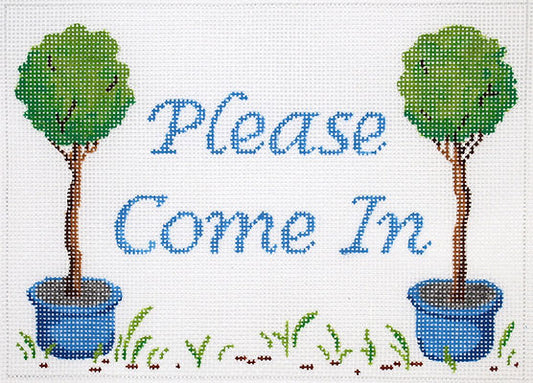 Kate Dickerson Needlepoint Collections Please Come In Topiaries In Blue Pots with Blue Lettering on White Needlepoint Canvas