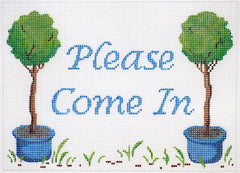Kate Dickerson Needlepoint Collections Please Come In Topiaries In Blue Pots with Blue Lettering on White Needlepoint Canvas