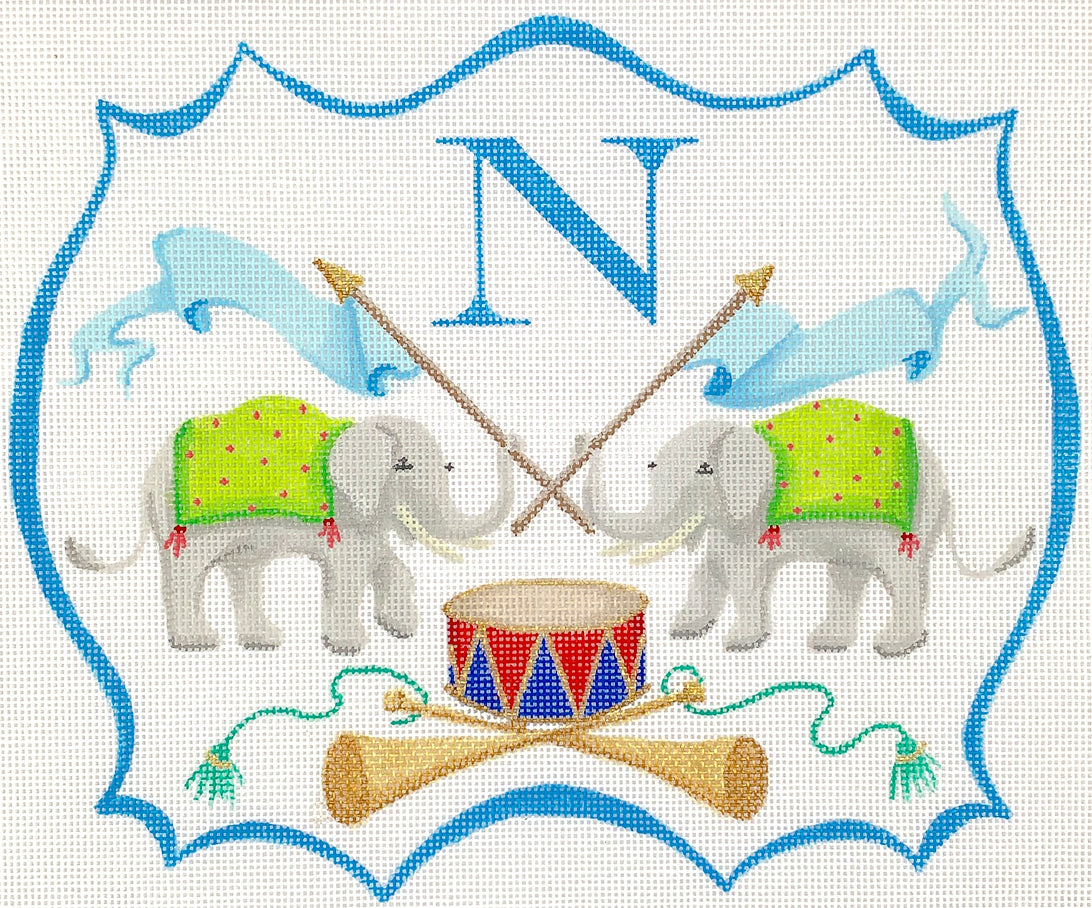 Kate Dickerson Needlepoint Collections Monogram Crest - Elephants with Flags, Drum, Trumpets Needlepoint Canvas