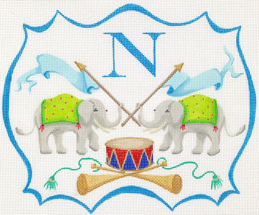 Kate Dickerson Needlepoint Collections Monogram Crest - Elephants with Flags, Drum, Trumpets Needlepoint Canvas