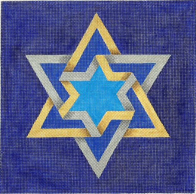 Kate Dickerson Needlepoint Collections Tefillin Bag - Double Interlocking Star of David - Golds & Silvers on Deep Blue Needlepoint Canvas