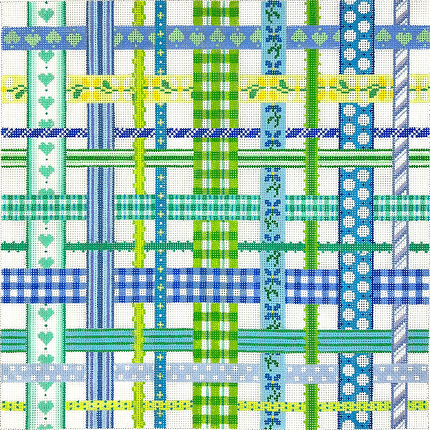 Kate Dickerson Needlepoint Collections Woven Ribbons - Blues & Greens Needlepoint Canvas