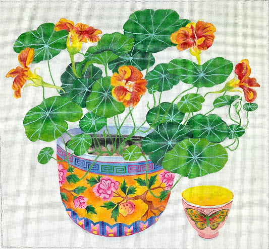 Kate Dickerson Needlepoint Collections Gabby Malpas - Nasturtiums In Peranakan Bowl with Teacup Needlepoint Canvas