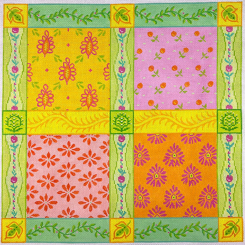 Kate Dickerson Needlepoint Collections French Tablecloth Patchwork Pinks Greens Oranges and Yellows Needlepoint Canvas