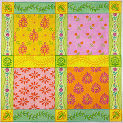 Kate Dickerson Needlepoint Collections French Tablecloth Patchwork Pinks Greens Oranges and Yellows Needlepoint Canvas