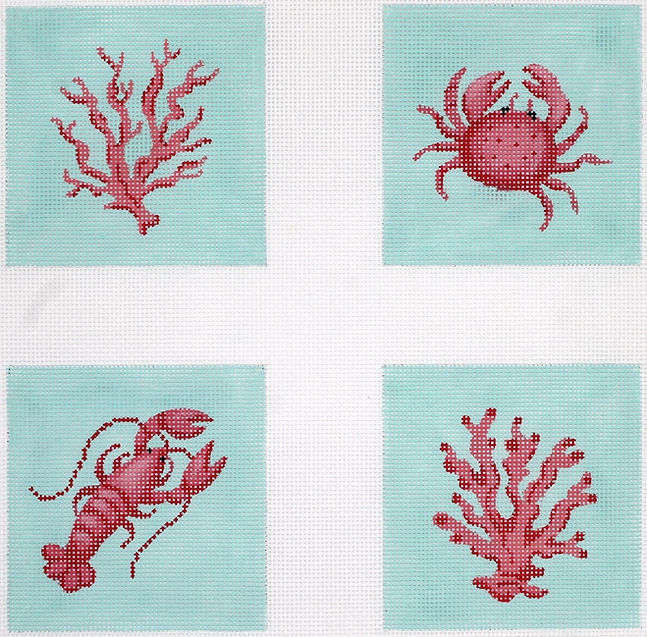 Kate Dickerson Needlepoint Collections Set of 4 Coasters - Crustaceans & Corals on Caribbean Needlepoint Canvas