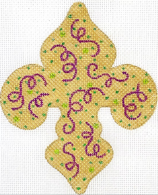 Kate Dickerson Needlepoint Collections Mardi Gras Mini Fleur De Lys Confetti Gold with Purples and Greens Needlepoint Canvas