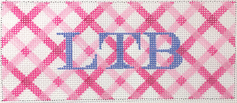 Kate Dickerson Needlepoint Collections Lees Jewelry Box Wallet Insert Double Criss Cross Gingham Bright Pinks with Periwinkle Monogram Specify Mono Blank Needlepoint Canvas