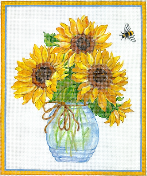 Kate Dickerson Needlepoint Collections Sally Eckman Roberts Sunflowers In Glass Vase with Bee Needlepoint Canvas