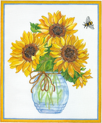 Kate Dickerson Needlepoint Collections Sally Eckman Roberts Sunflowers In Glass Vase with Bee Needlepoint Canvas