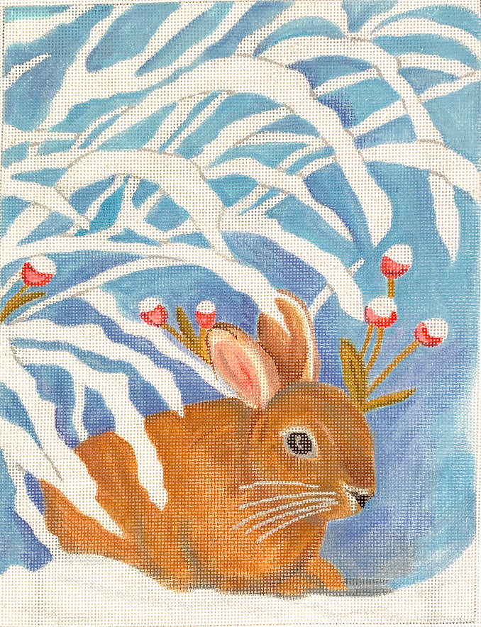 Kate Dickerson Needlepoint Collections Sarah Saltus - Winter Bunny with Red Berries In Sparkly Snow - Mixed Blue Background Needlepoint Canvas