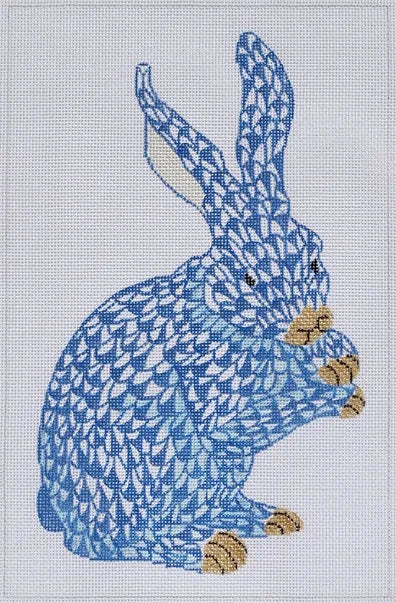 Kate Dickerson Needlepoint Collections Standing Fishnet Bunny - Blue & Gold Needlepoint Canvas