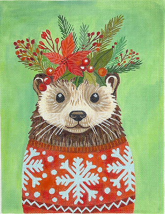 Kate Dickerson Needlepoint Collections Mia Charro Otter In A Christmas Sweater on Soft Sage Green Needlepoint Canvas