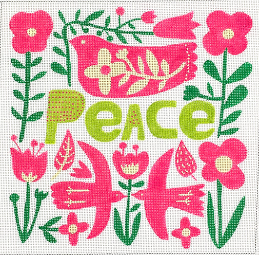 Kate Dickerson Needlepoint Collections Carolyn Gavin - Peace with Doves & Flowers - Hot Pink, Greens & Cream Needlepoint Canvas