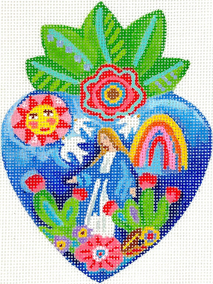 Kate Dickerson Needlepoint Collections Julia Eves - Milagro Heart with Virgin Mary, Flowering Cacti, Rainbow, Sun & Leaves Needlepoint Canvas