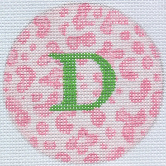 Kate Dickerson Needlepoint Collections Bright Disk Letter - Light Pink Leopard, Grass Green Letter Needlepoint Canvas