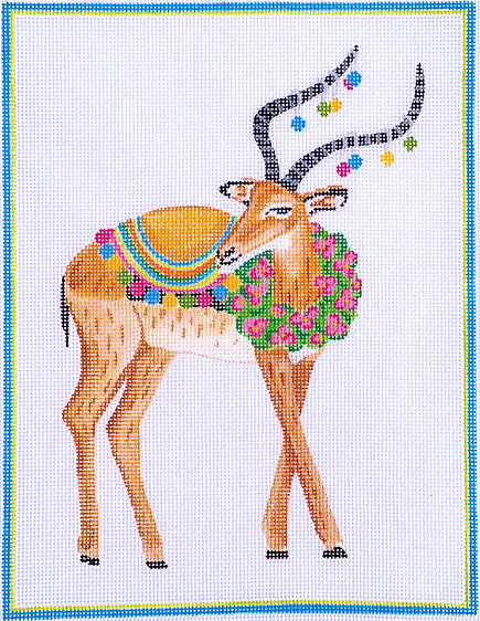 Kate Dickerson Needlepoint Collections Lindsay Brackeen - Party Animal Impala with Floral Wreath & Pompoms Needlepoint Canvas