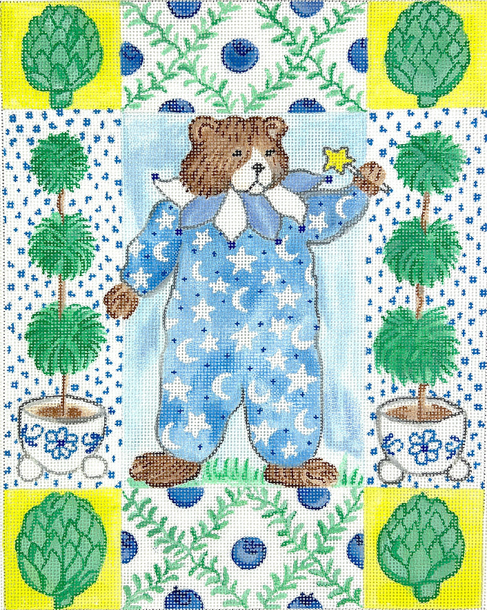 Kate Dickerson Needlepoint Collections Kelly Rightsell Blueberry Bear with Artichokes & Topiaries Needlepoint Canvas