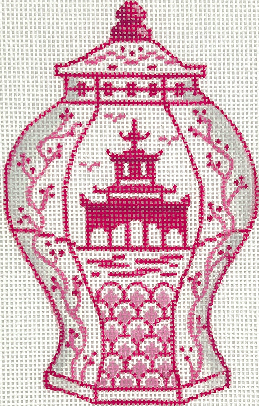 Kate Dickerson Needlepoint Collections Mini Chinese Vase - Tall Raspberry & White with Pagoda & Flowering Branches Needlepoint Canvas