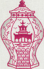 Kate Dickerson Needlepoint Collections Mini Chinese Vase - Tall Raspberry & White with Pagoda & Flowering Branches Needlepoint Canvas