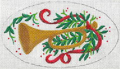 Kate Dickerson Needlepoint Collections Christmas Ornament Toy Trumpet with Red Ribbon and Greenery Needlepoint Canvas