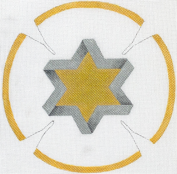 Kate Dickerson Needlepoint Collections Kippah - Star of David - Golds & Silvers on White Needlepoint Canvas