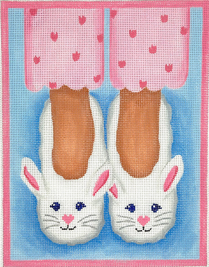 Kate Dickerson Needlepoint Collections Heres Looking At Shoe Bunny Slippers and Pink Pajamas Needlepoint Canvas