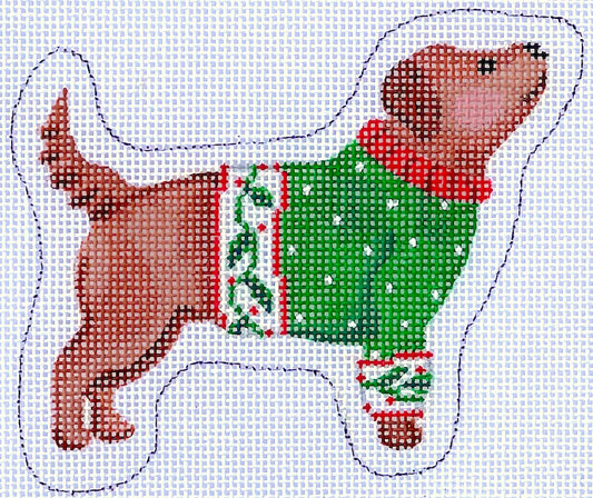 Kate Dickerson Needlepoint Collections Sally Eckman Roberts - Brown Dog In Green Sweater Needlepoint Canvas