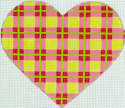 Kate Dickerson Needlepoint Collections Mini Heart Madras Plaid Pink Watermelon and Limes Needlepoint Canvas - 18M