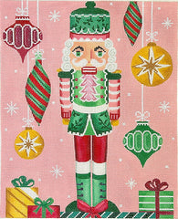 Kate Dickerson Needlepoint Collections Rose Halsey Pink and Green Nutcracker with Hanging Baubles Needlepoint Canvas