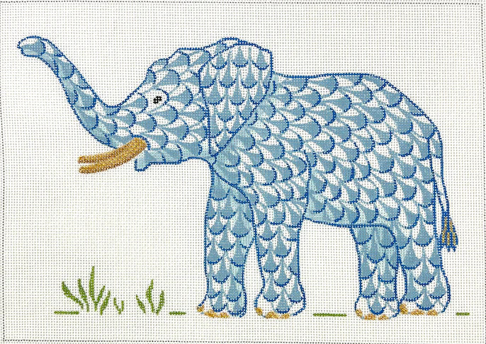 Kate Dickerson Needlepoint Collections Herend-Inspired Fishnet Elephant with Trunk Up - Blue with Gold Needlepoint Canvas